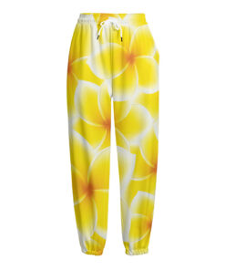 Yellow Frangipani Pattern Print Fleece Lined Knit Pants