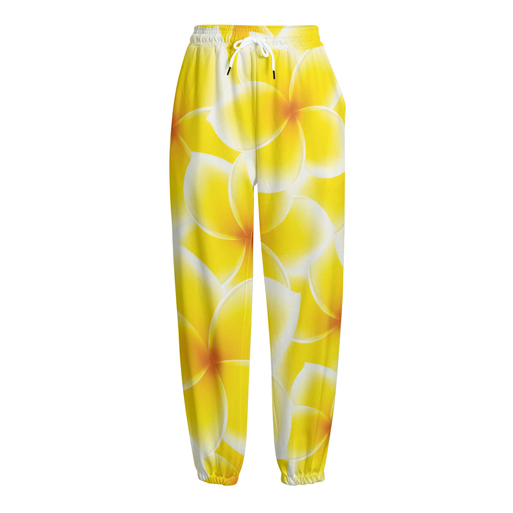 Yellow Frangipani Pattern Print Fleece Lined Knit Pants Yellow Frangipani Pattern Print Fleece Lined Knit Pants