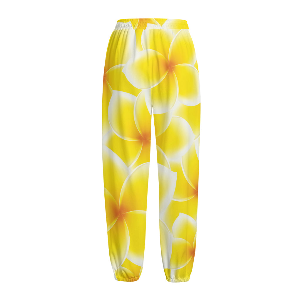 Yellow Frangipani Pattern Print Fleece Lined Knit Pants Yellow Frangipani Pattern Print Fleece Lined Knit Pants
