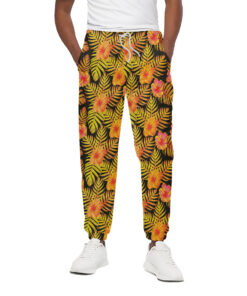 Yellow Hawaiian Tropical Pattern Print Cotton Sweatpants