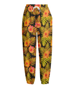 Yellow Hawaiian Tropical Pattern Print Fleece Lined Knit Pants