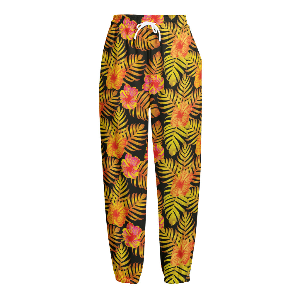 Yellow Hawaiian Tropical Pattern Print Fleece Lined Knit Pants Yellow Hawaiian Tropical Pattern Print Fleece Lined Knit Pants