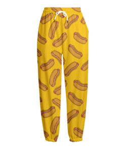 Yellow Hot Dog Pattern Print Fleece Lined Knit Pants