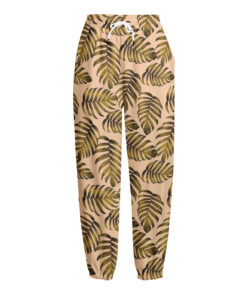 Yellow Monstera Leaves Pattern Print Fleece Lined Knit Pants
