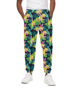 Yellow Orchid Pattern Print Cotton Sweatpants