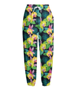 Yellow Orchid Pattern Print Fleece Lined Knit Pants