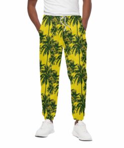 Yellow Palm Tree Pattern Print Cotton Sweatpants