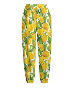 Yellow Spring Tulip Pattern Print Fleece Lined Knit Pants