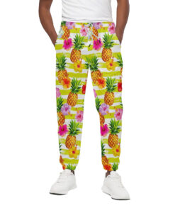 Yellow Striped Pineapple Pattern Print Cotton Sweatpants