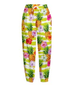 Yellow Striped Pineapple Pattern Print Fleece Lined Knit Pants