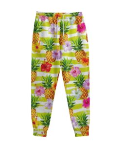 Yellow Striped Pineapple Pattern Print Sweatpants