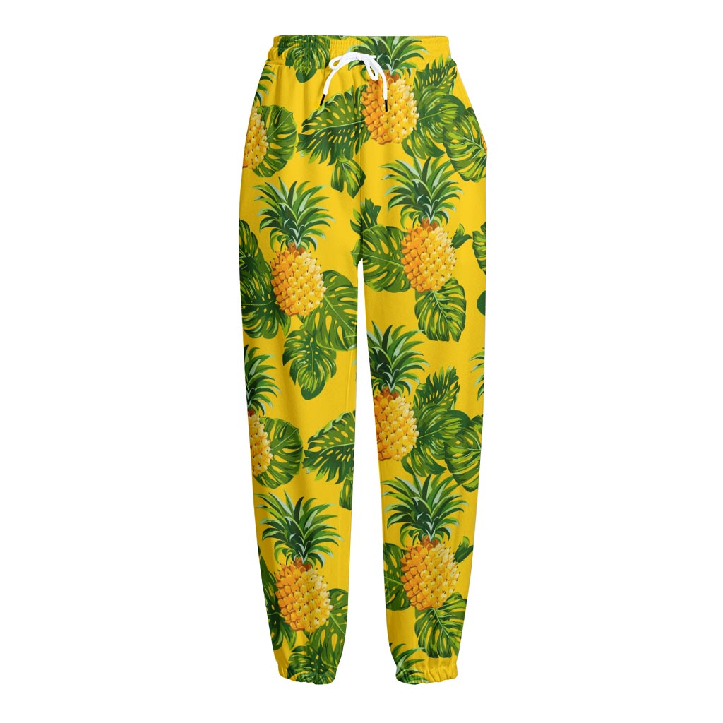 Yellow Tropical Pineapple Pattern Print Fleece Lined Knit Pants Yellow Tropical Pineapple Pattern Print Fleece Lined Knit Pants