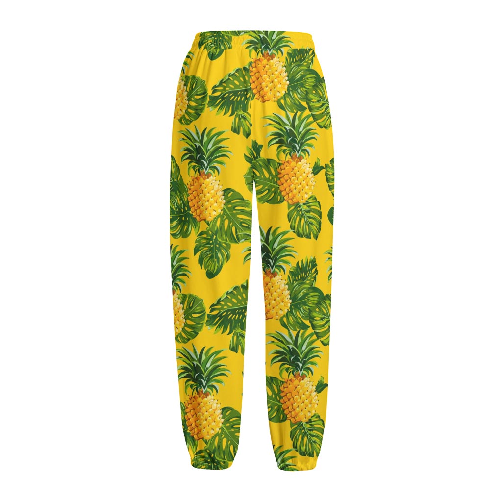 Yellow Tropical Pineapple Pattern Print Fleece Lined Knit Pants Yellow Tropical Pineapple Pattern Print Fleece Lined Knit Pants
