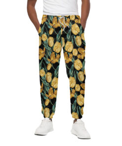 Yellow Tulip Floral Pattern Print Cotton Sweatpants