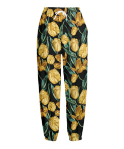 Yellow Tulip Floral Pattern Print Fleece Lined Knit Pants