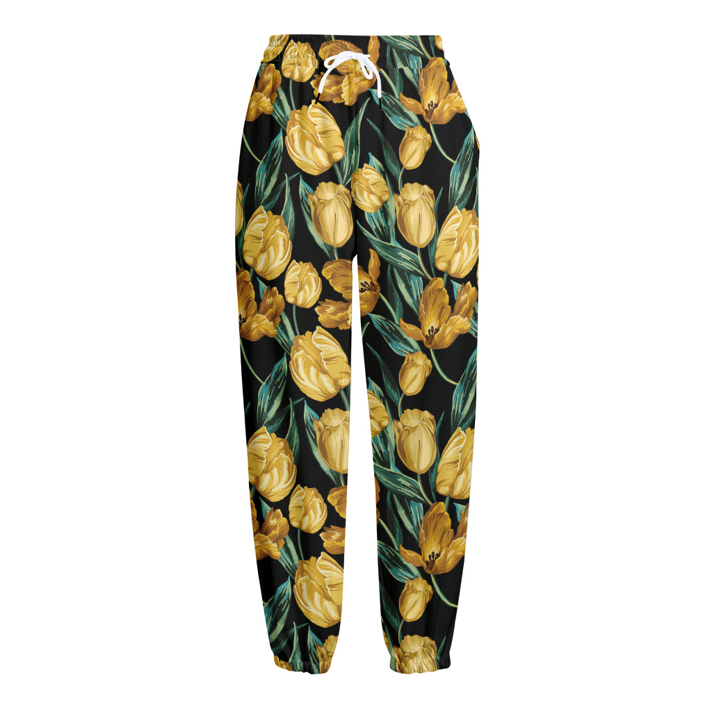 Yellow Tulip Floral Pattern Print Fleece Lined Knit Pants Yellow Tulip Floral Pattern Print Fleece Lined Knit Pants