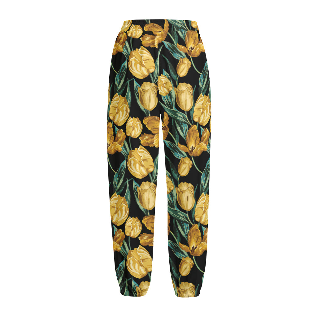 Yellow Tulip Floral Pattern Print Fleece Lined Knit Pants Yellow Tulip Floral Pattern Print Fleece Lined Knit Pants