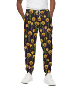 Yellow Tulip Flower Pattern Print Cotton Sweatpants
