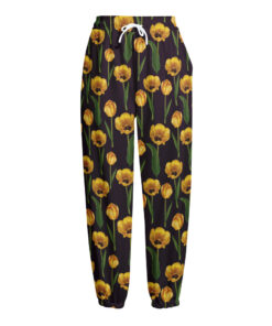 Yellow Tulip Flower Pattern Print Fleece Lined Knit Pants