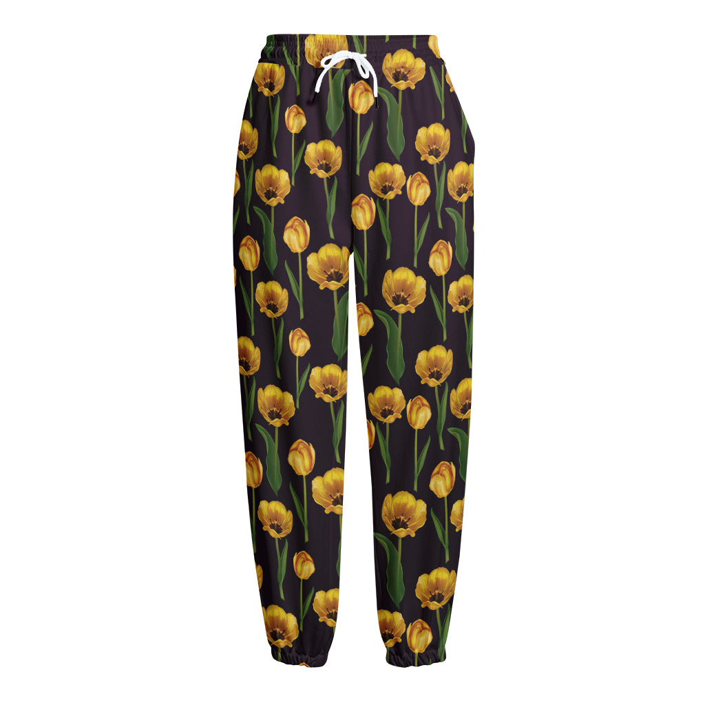 Yellow Tulip Flower Pattern Print Fleece Lined Knit Pants Yellow Tulip Flower Pattern Print Fleece Lined Knit Pants