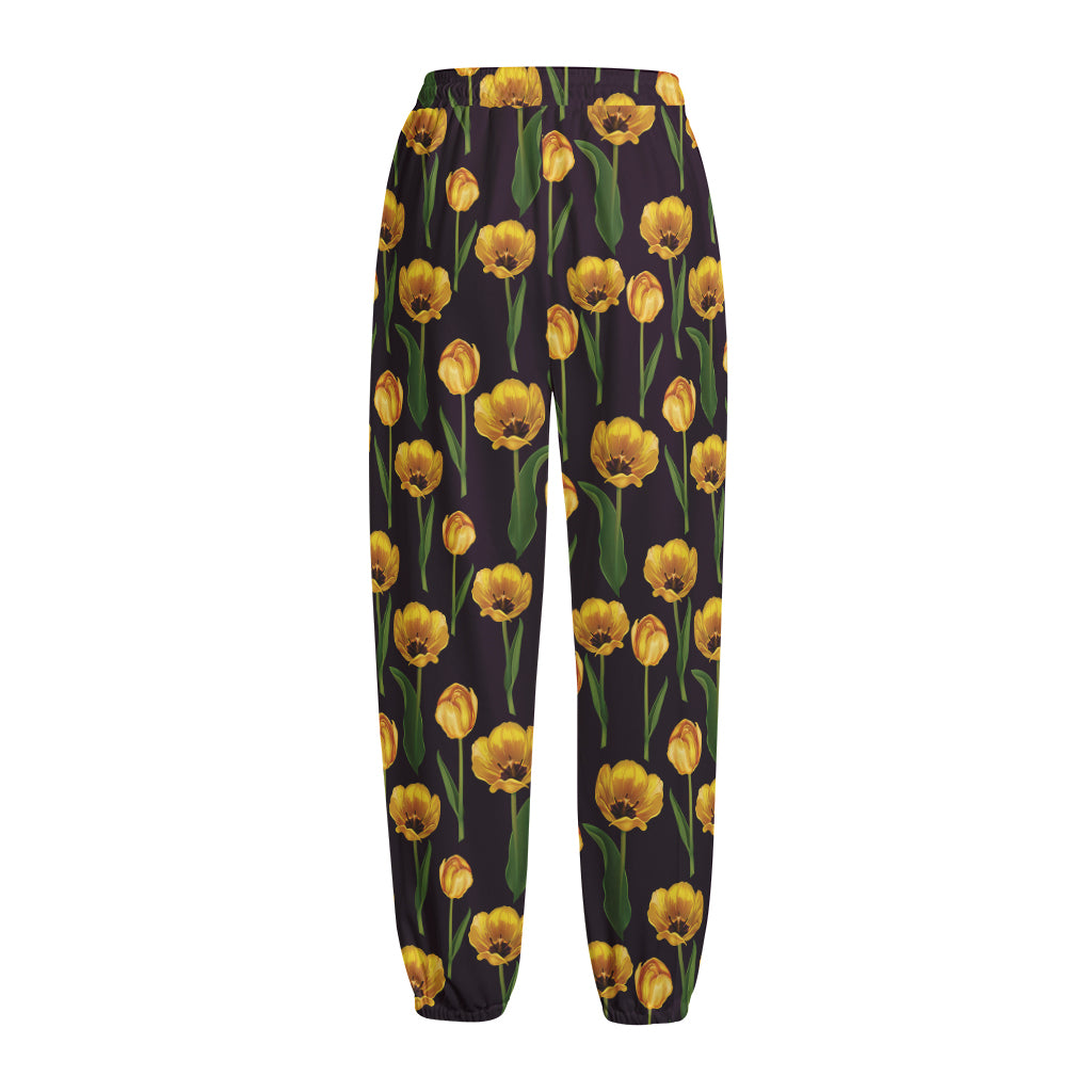 Yellow Tulip Flower Pattern Print Fleece Lined Knit Pants Yellow Tulip Flower Pattern Print Fleece Lined Knit Pants