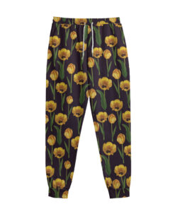 Yellow Tulip Flower Pattern Print Sweatpants