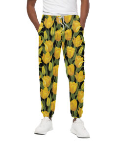 Yellow Tulip Pattern Print Cotton Sweatpants