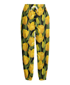 Yellow Tulip Pattern Print Fleece Lined Knit Pants