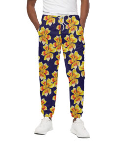 Yellow Watercolor Lily Pattern Print Cotton Sweatpants