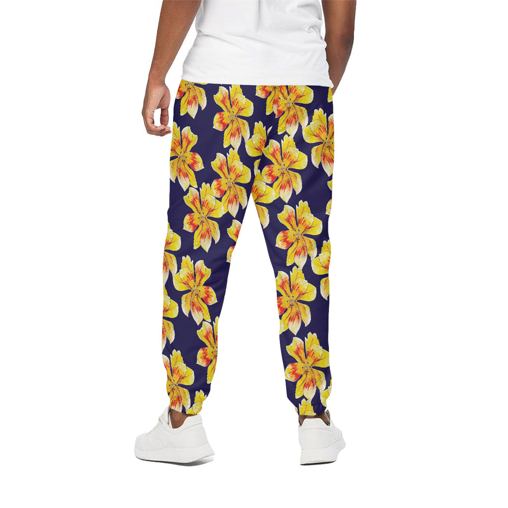 Yellow Watercolor Lily Pattern Print Cotton Sweatpants Yellow Watercolor Lily Pattern Print Cotton Sweatpants