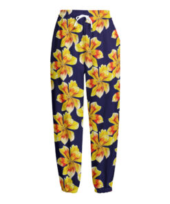 Yellow Watercolor Lily Pattern Print Fleece Lined Knit Pants
