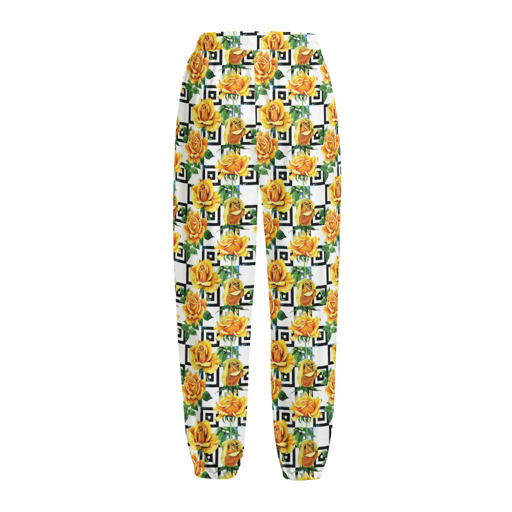 Yellow Watercolor Rose Print Fleece Lined Knit Pants Yellow Watercolor Rose Print Fleece Lined Knit Pants