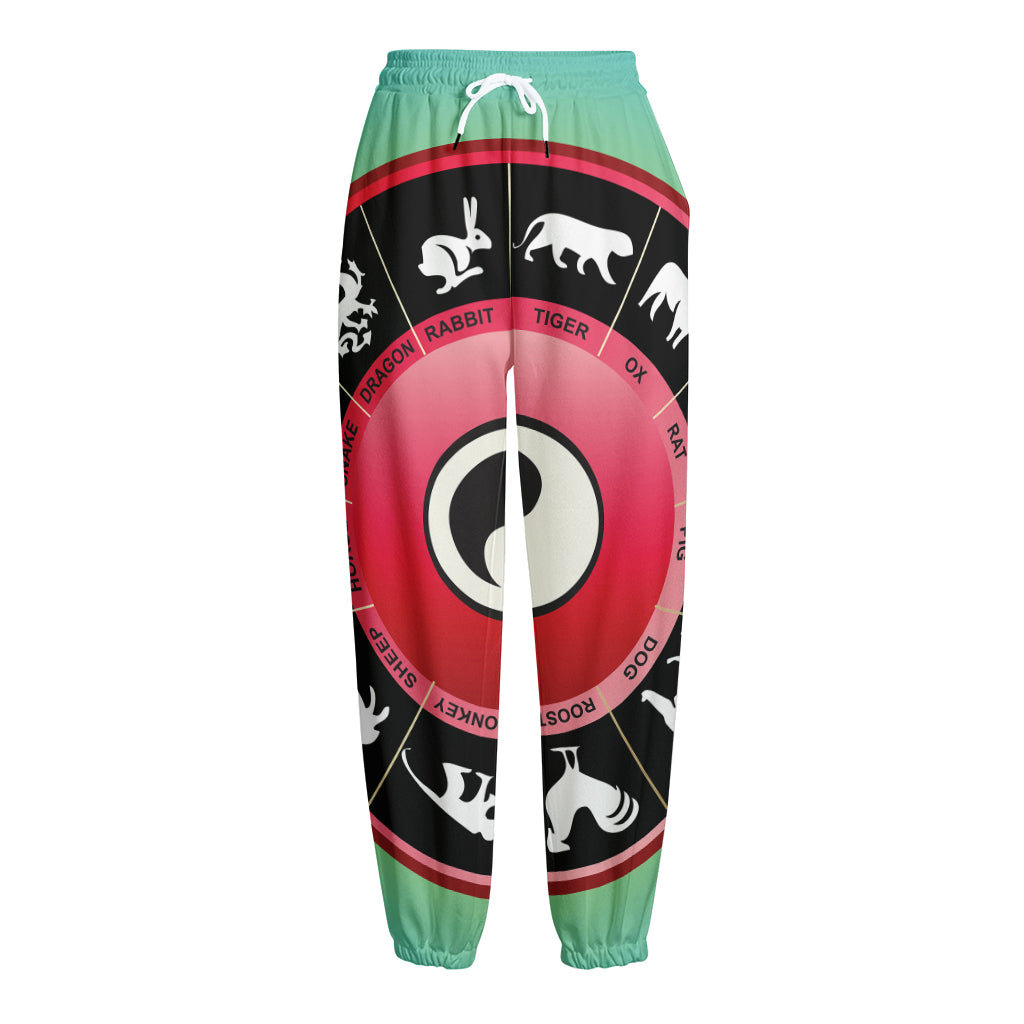Yin Yang Chinese Zodiac Signs Print Fleece Lined Knit Pants Yin Yang Chinese Zodiac Signs Print Fleece Lined Knit Pants