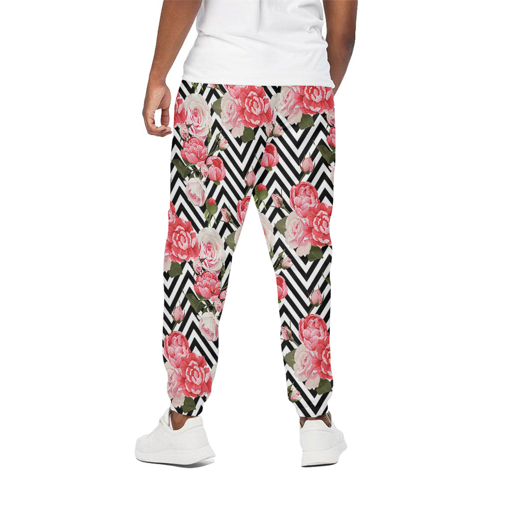 Zigzag Peony And Rose Pattern Print Cotton Sweatpants Zigzag Peony And Rose Pattern Print Cotton Sweatpants