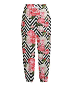 Zigzag Peony And Rose Pattern Print Fleece Lined Knit Pants